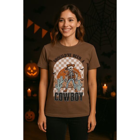 Comfort Colors Should’ve Been a Cowboy Skeleton Graphic Tee Western Halloween - Picture 1 of 6